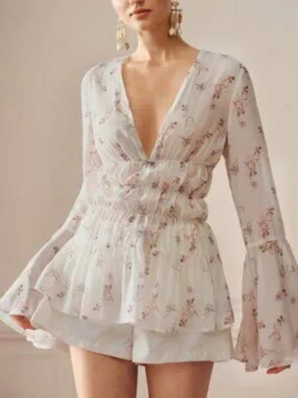 Multicolor Boho Women's Deep V Neck Layered Ruffle Hem Bell Sleeve Peplum Blouse